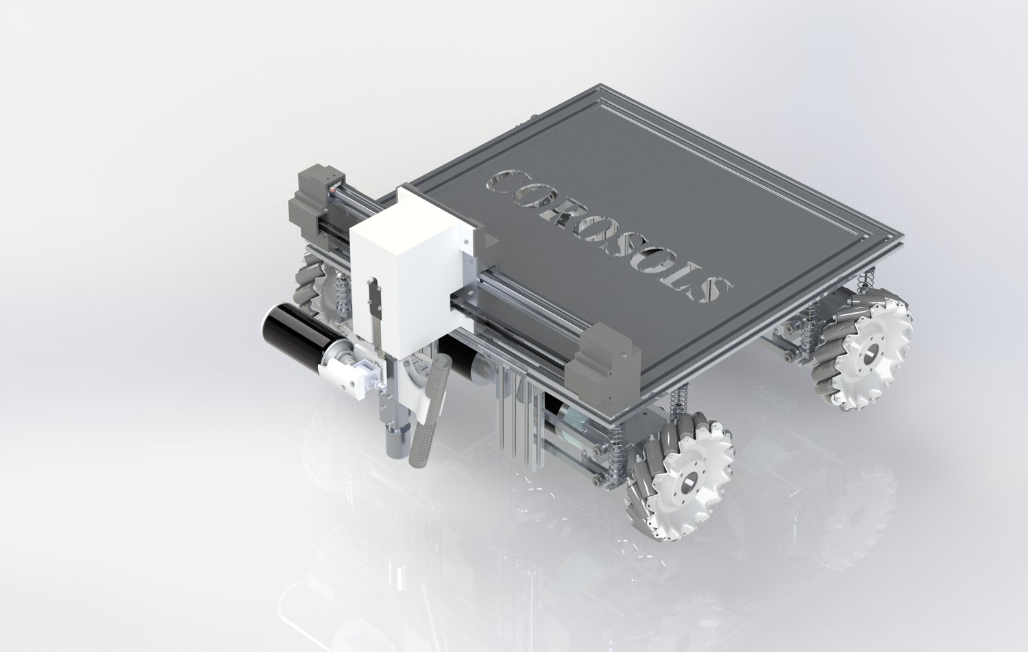 Render of the concrete inspection robot: mecanum rover with tapping gantry and COROSOLS-engraved top plate.
